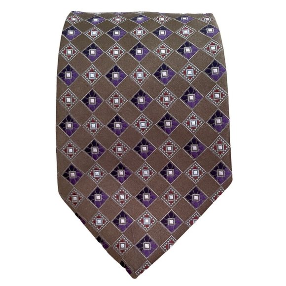 ERMENEGILDO ZEGNA Brown Geometric Silk Tie Made In Italy 60